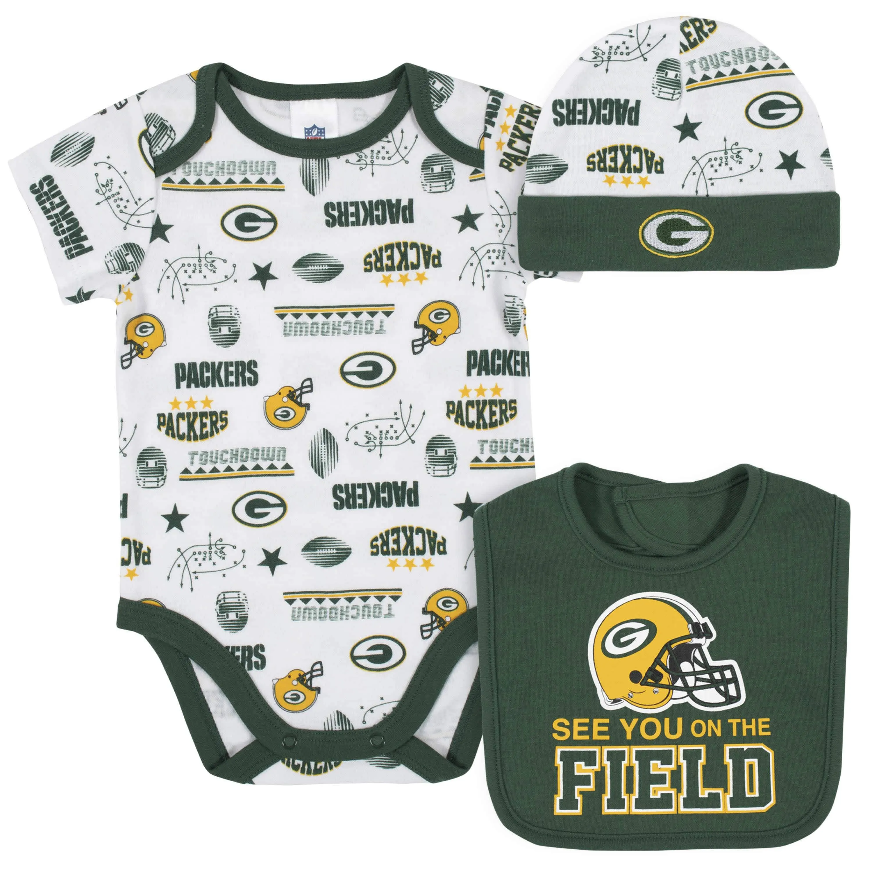 Green Bay Packers 3-Piece Baby Boys Bodysuit, Bib, and Cap Set