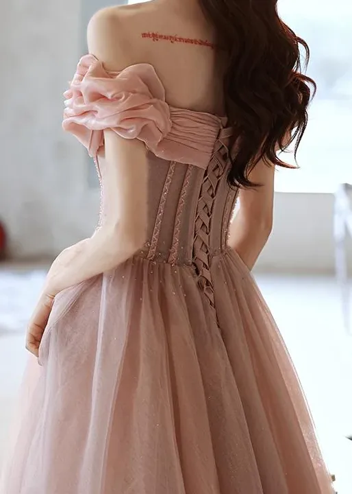 Handmade Retro Princess Off Shoulder Pink Prom Evening Dress    fg1036