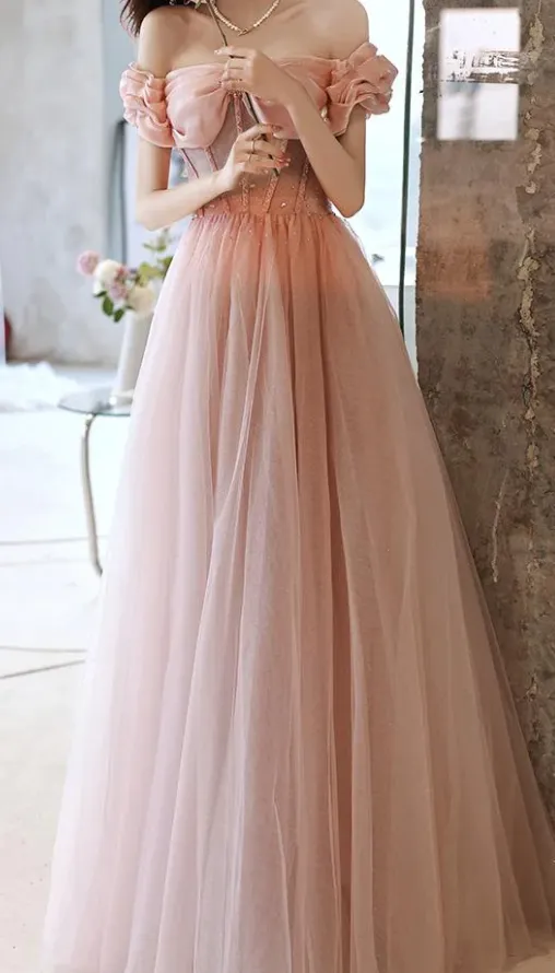 Handmade Retro Princess Off Shoulder Pink Prom Evening Dress    fg1036