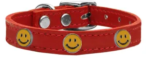 Happy Face Widget Genuine Leather Dog Collar Red 12