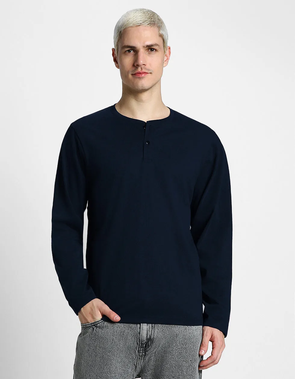 Henley Navy Solid Tshirt