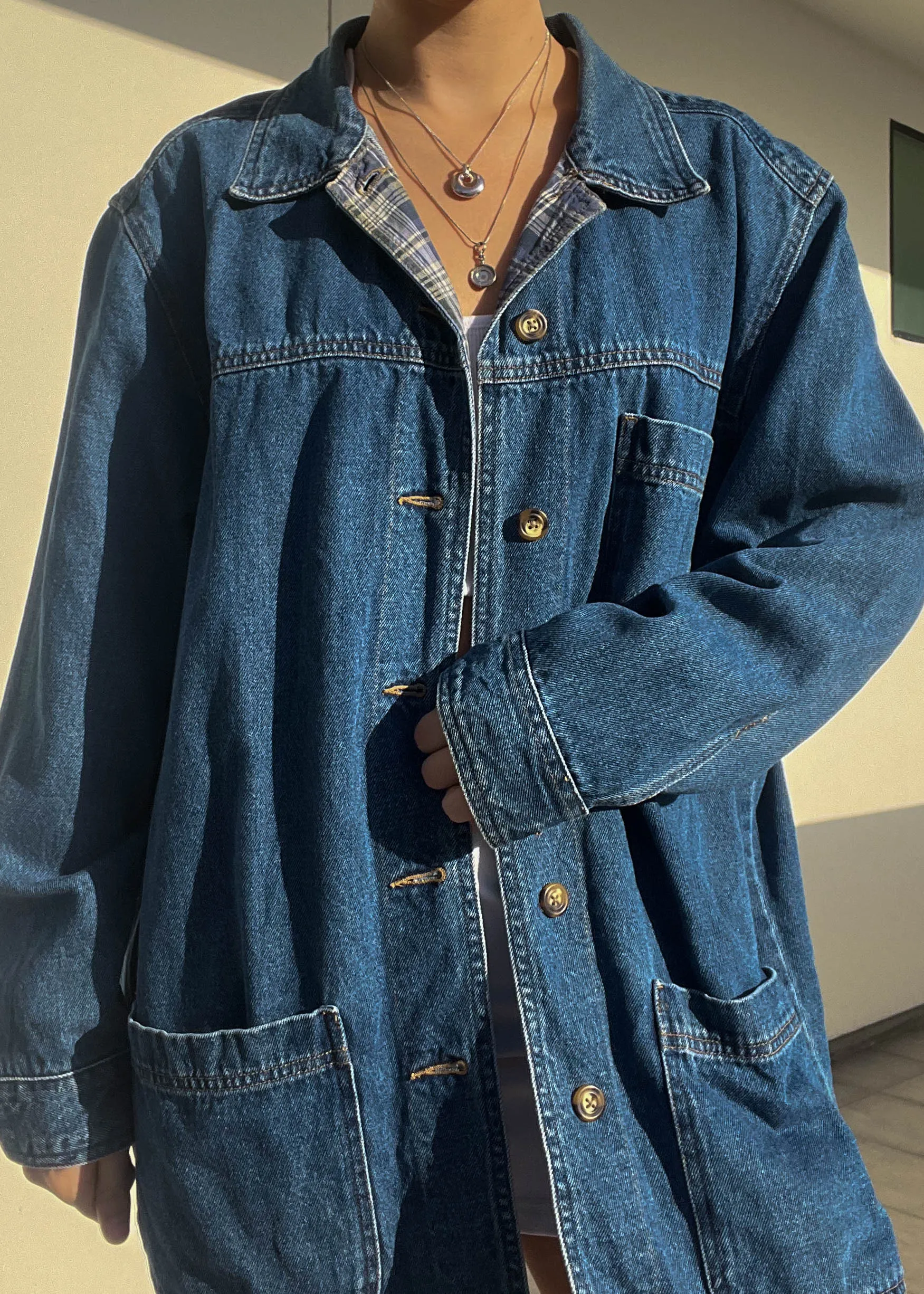 Hint of Plaid 90's Denim Coat (L)