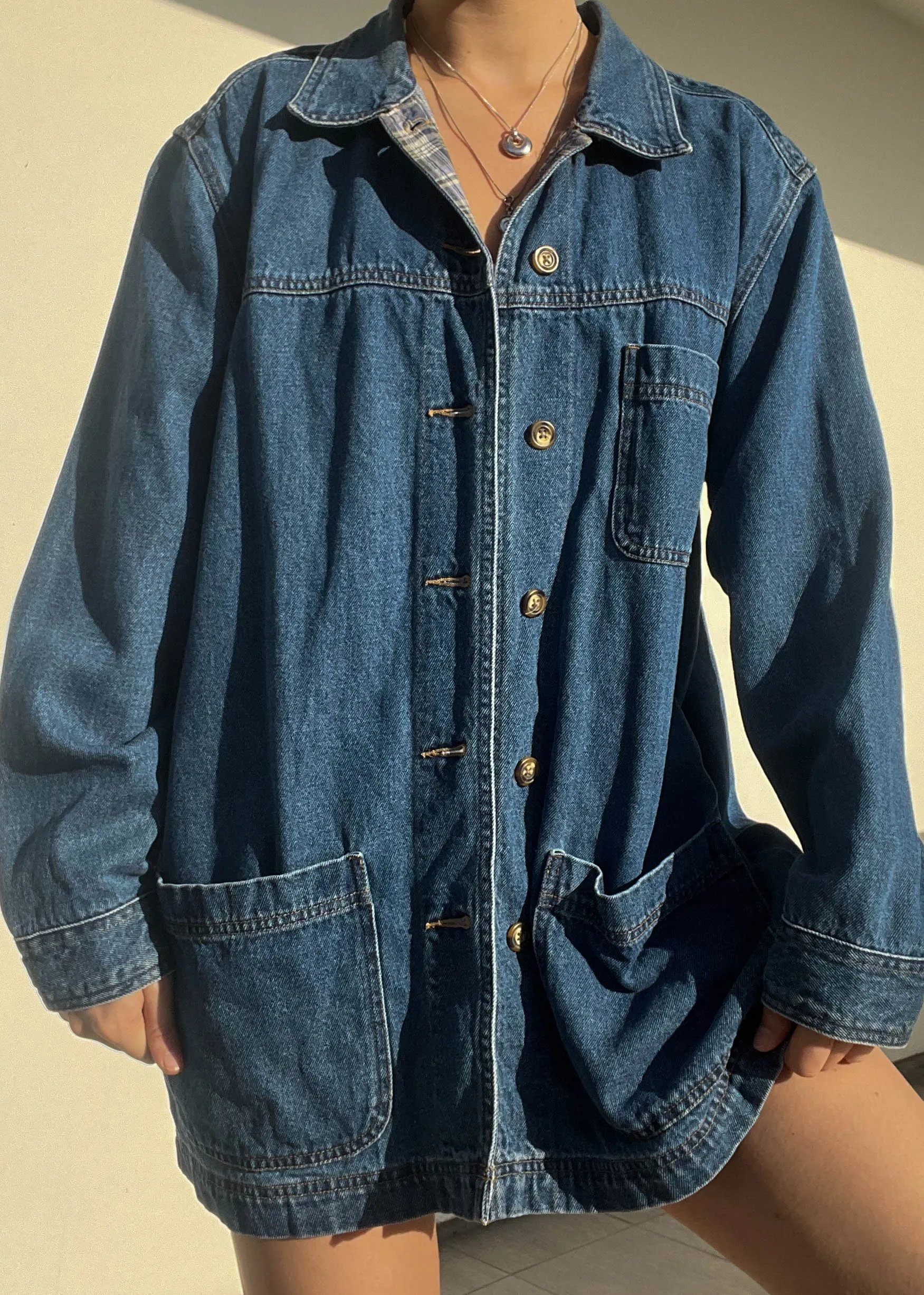 Hint of Plaid 90's Denim Coat (L)