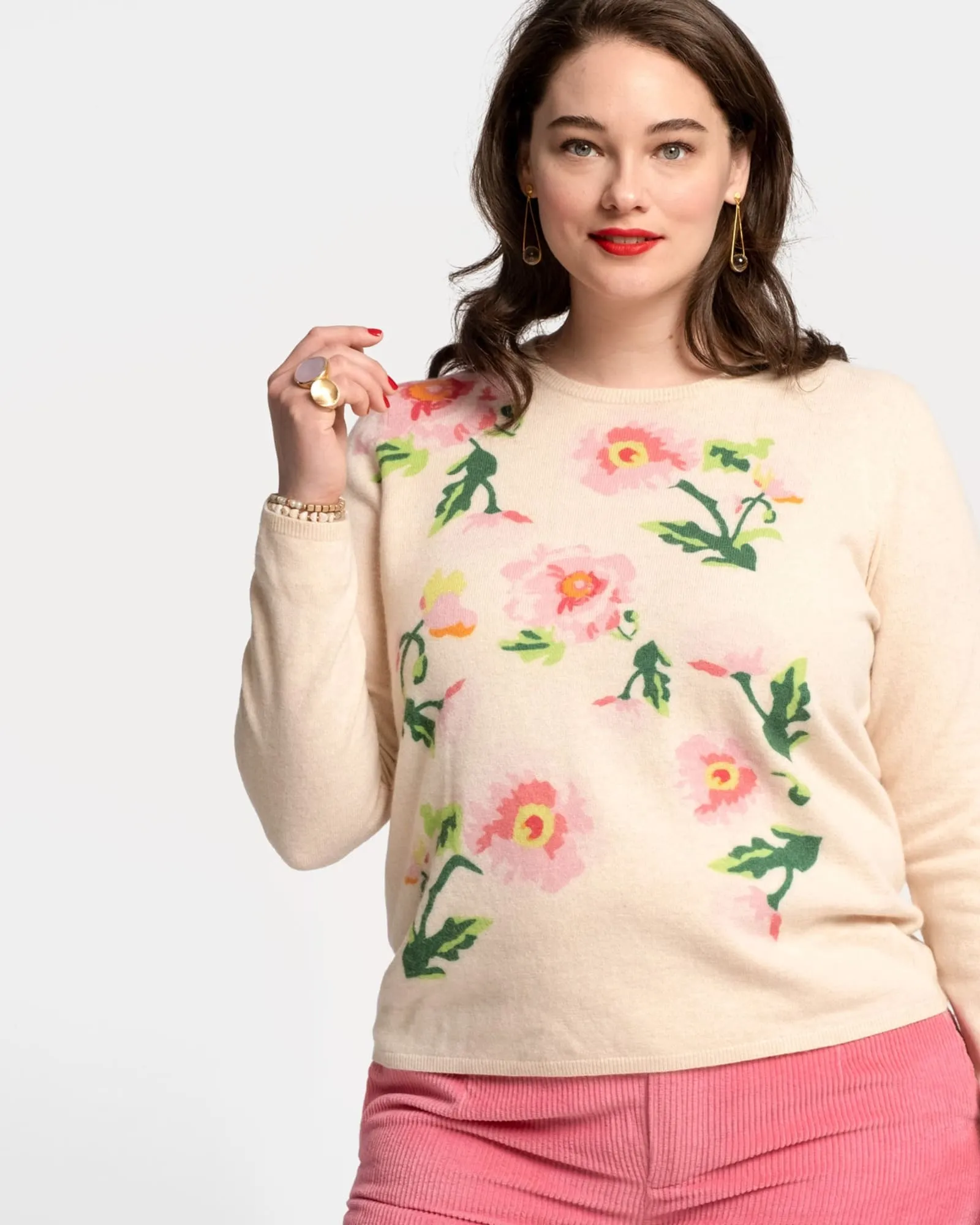 Honey Crewneck Falling Poppy Oyster Multi | Oyster Multi