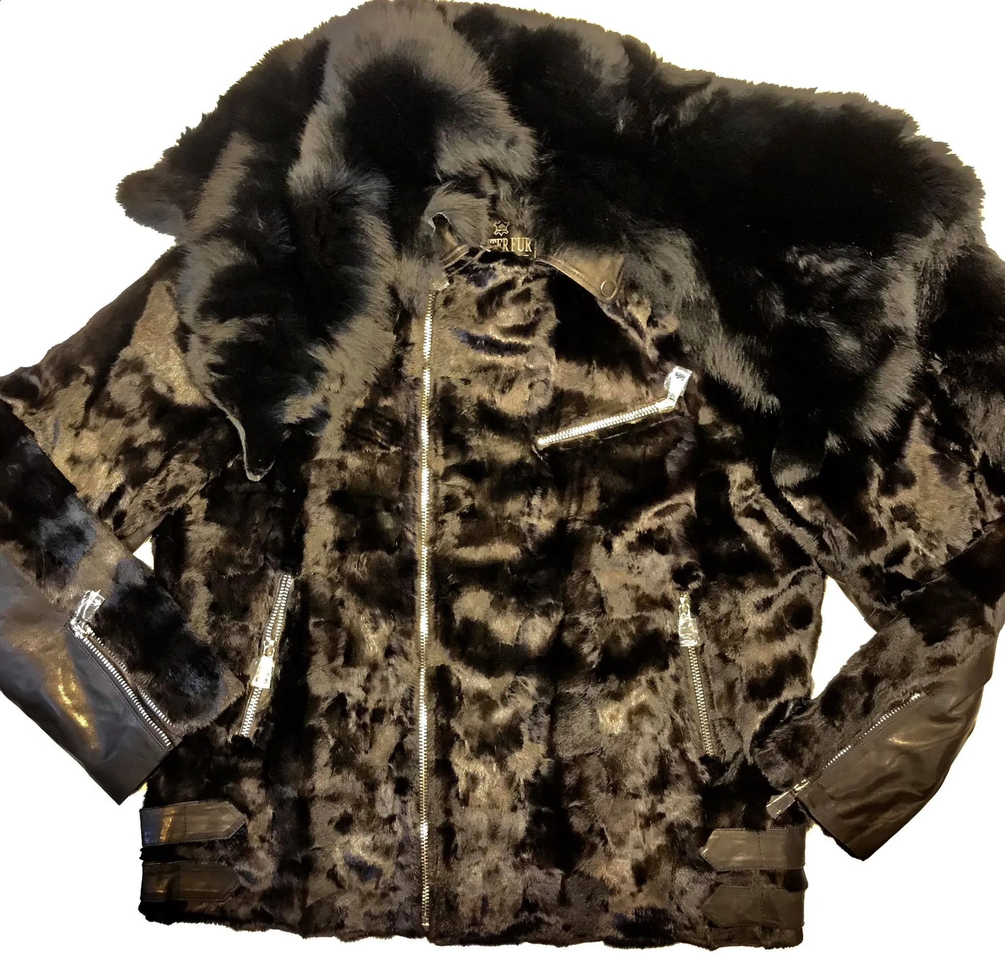 Kashani Mink Black Detachable Fox Collar Bomber Jacket