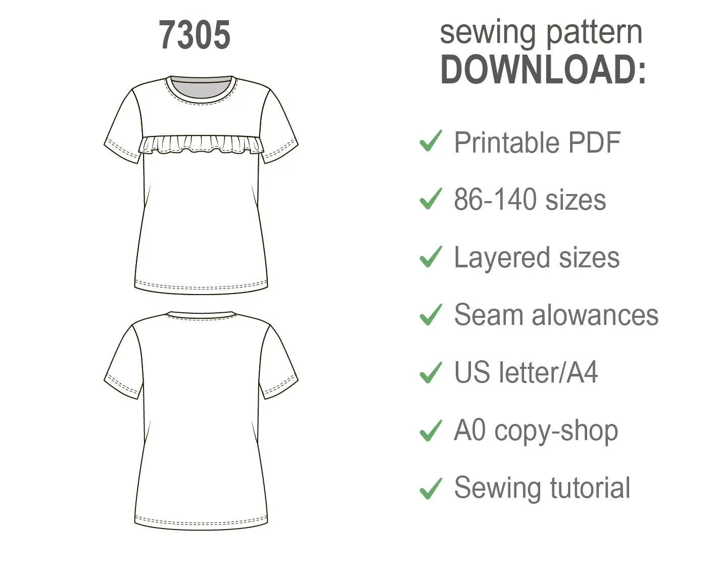 Kids T-Shirt Sewing Pattern, Ruffle Short Sleeve Top PDF, Beginner DIY Sewing Pattern, Printable Frill Shirt for Girls