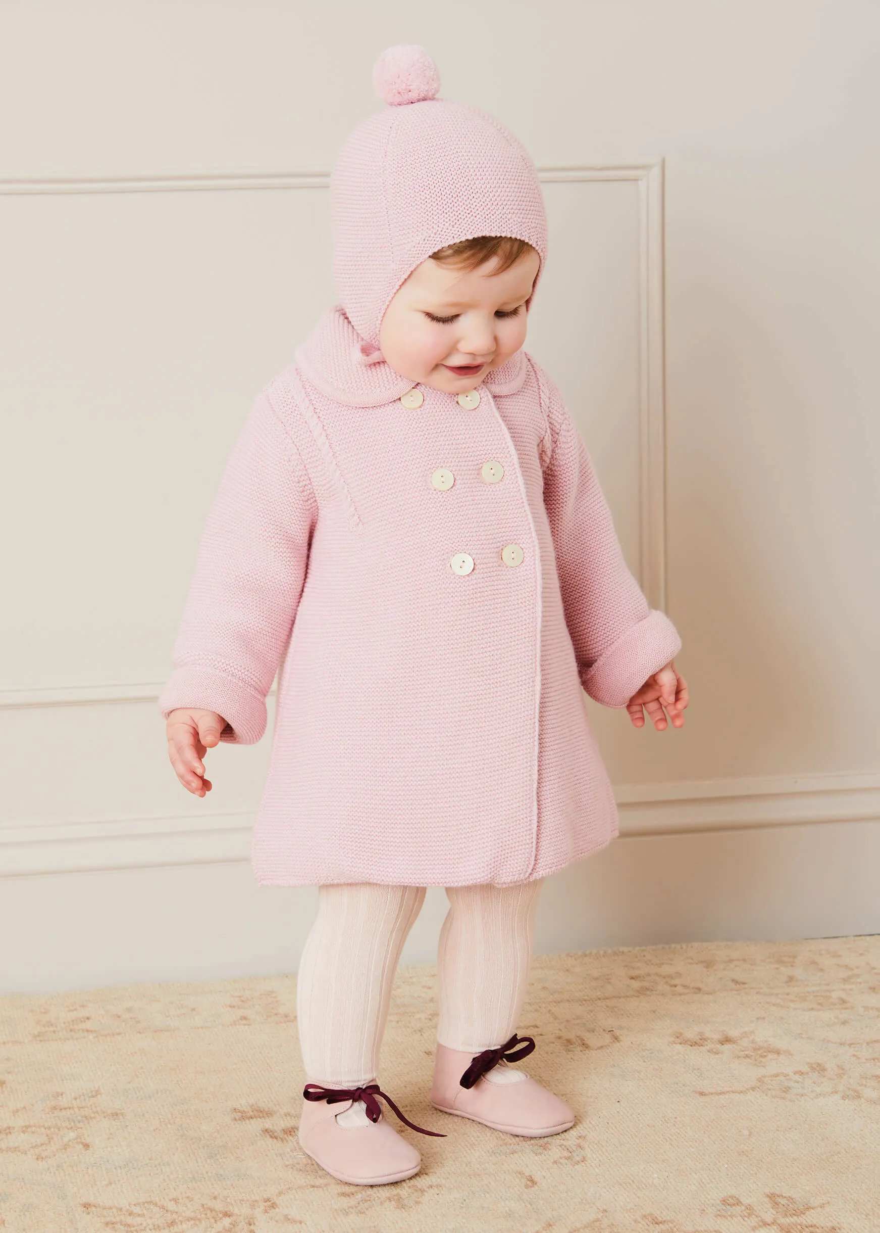 Knitted Double Breasted Coat In Pink (6mths-2yrs)