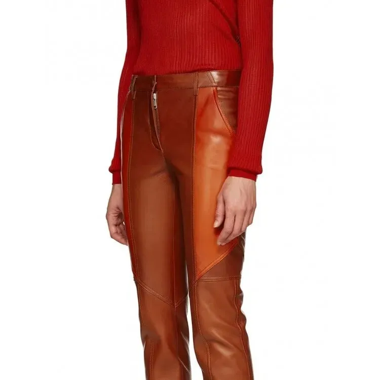 Ladies Slim Fit Paneled Orange Lambskin Leather Pants