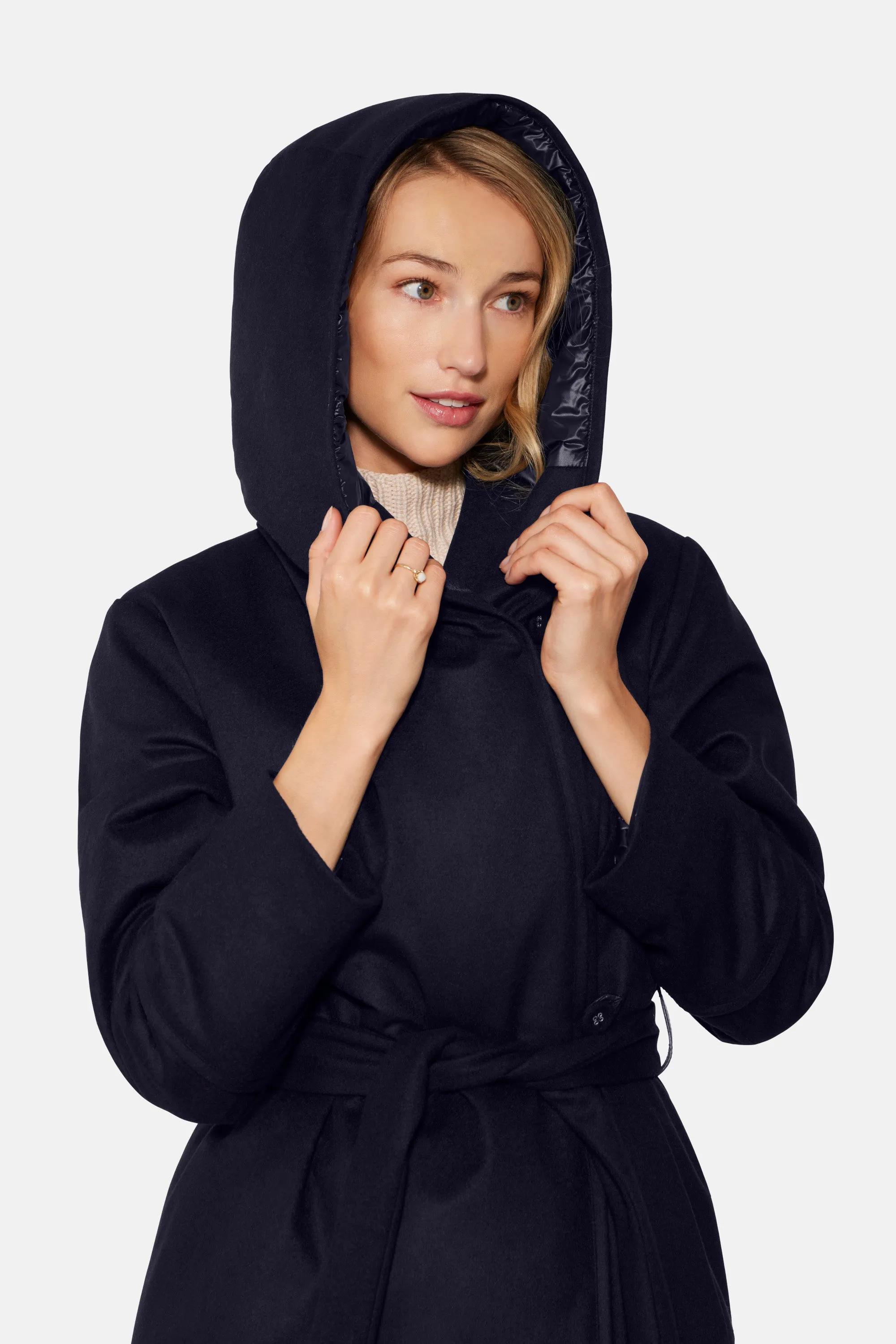 Long Hooded Wrap Coat, Navy