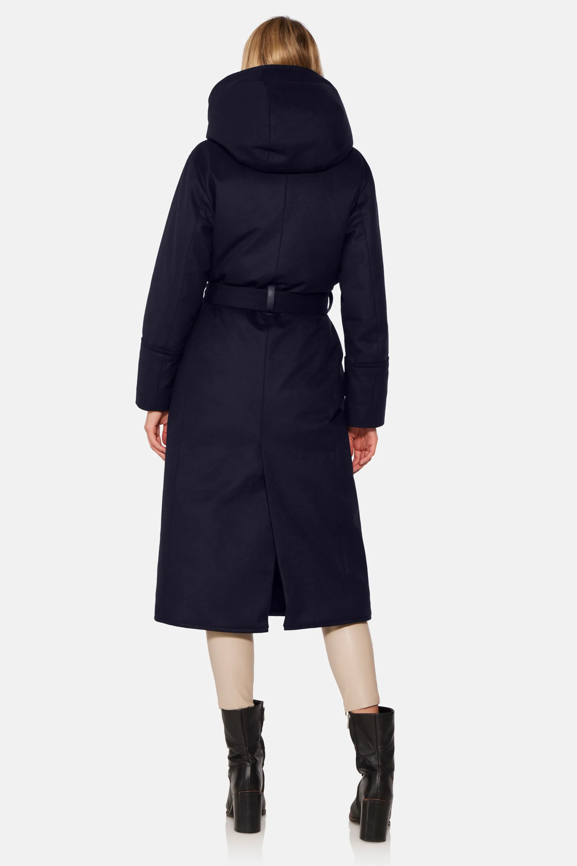 Long Hooded Wrap Coat, Navy