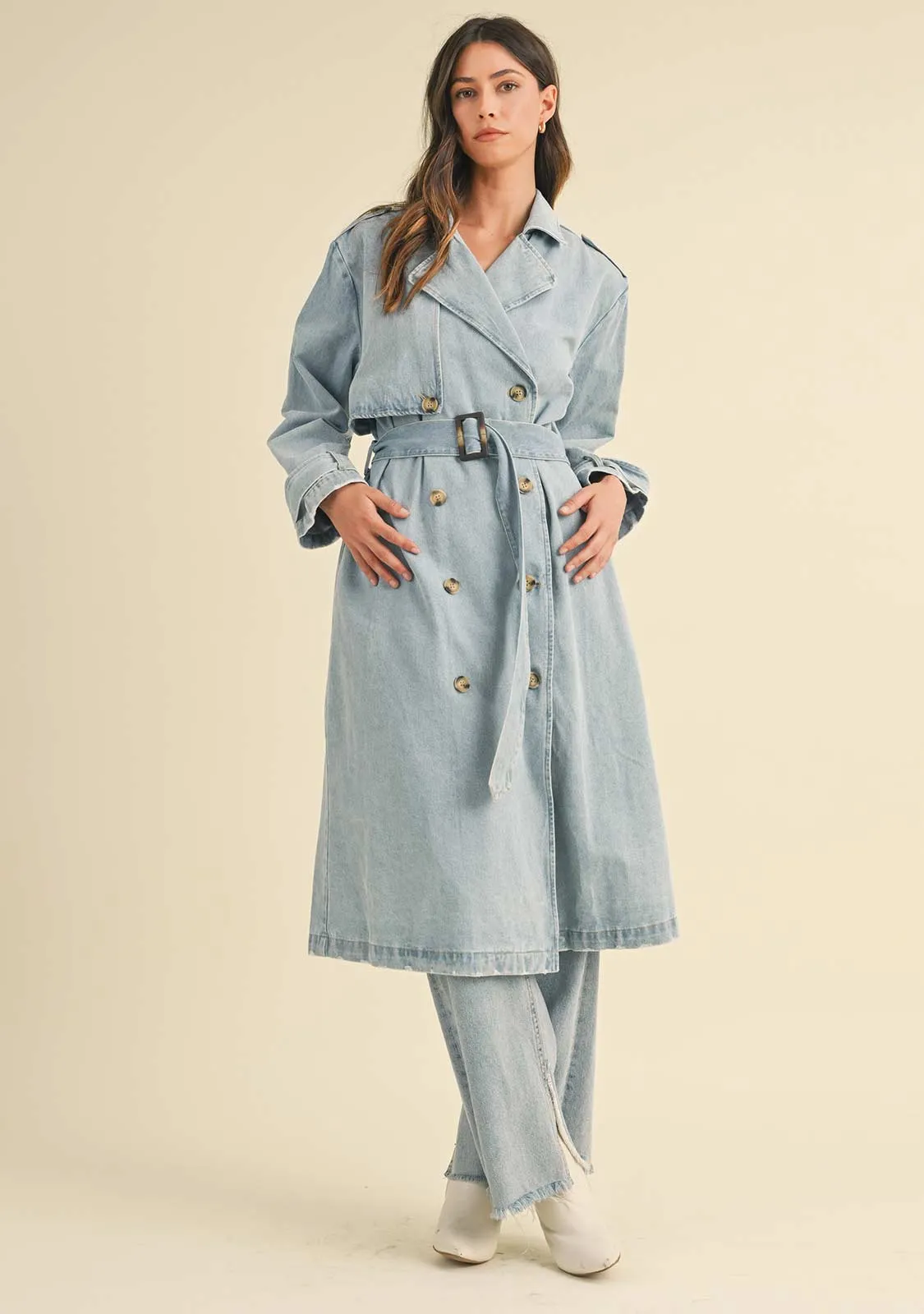 Long Sleeve Double Breasted Denim Trench Coat