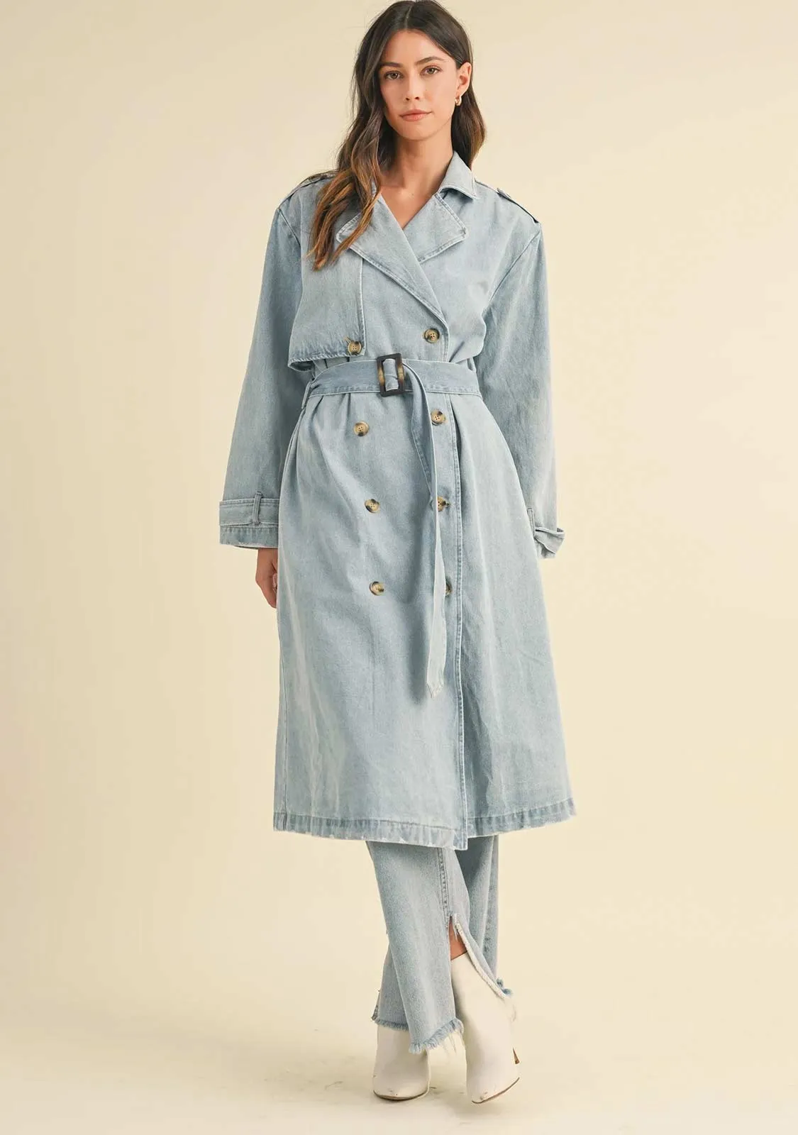 Long Sleeve Double Breasted Denim Trench Coat