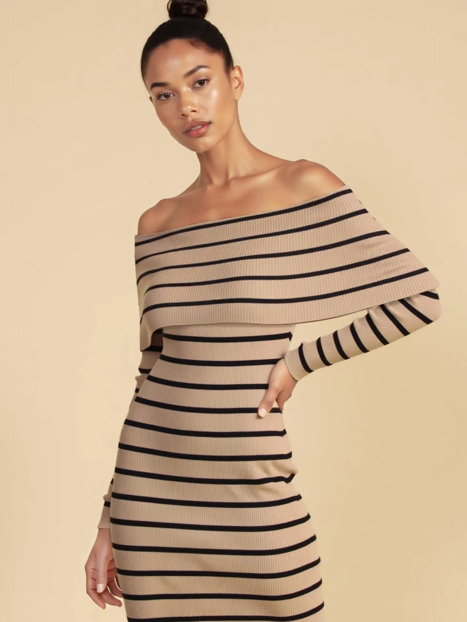 Long Sleeve Striped Rib Knit Midi Sweater Dress