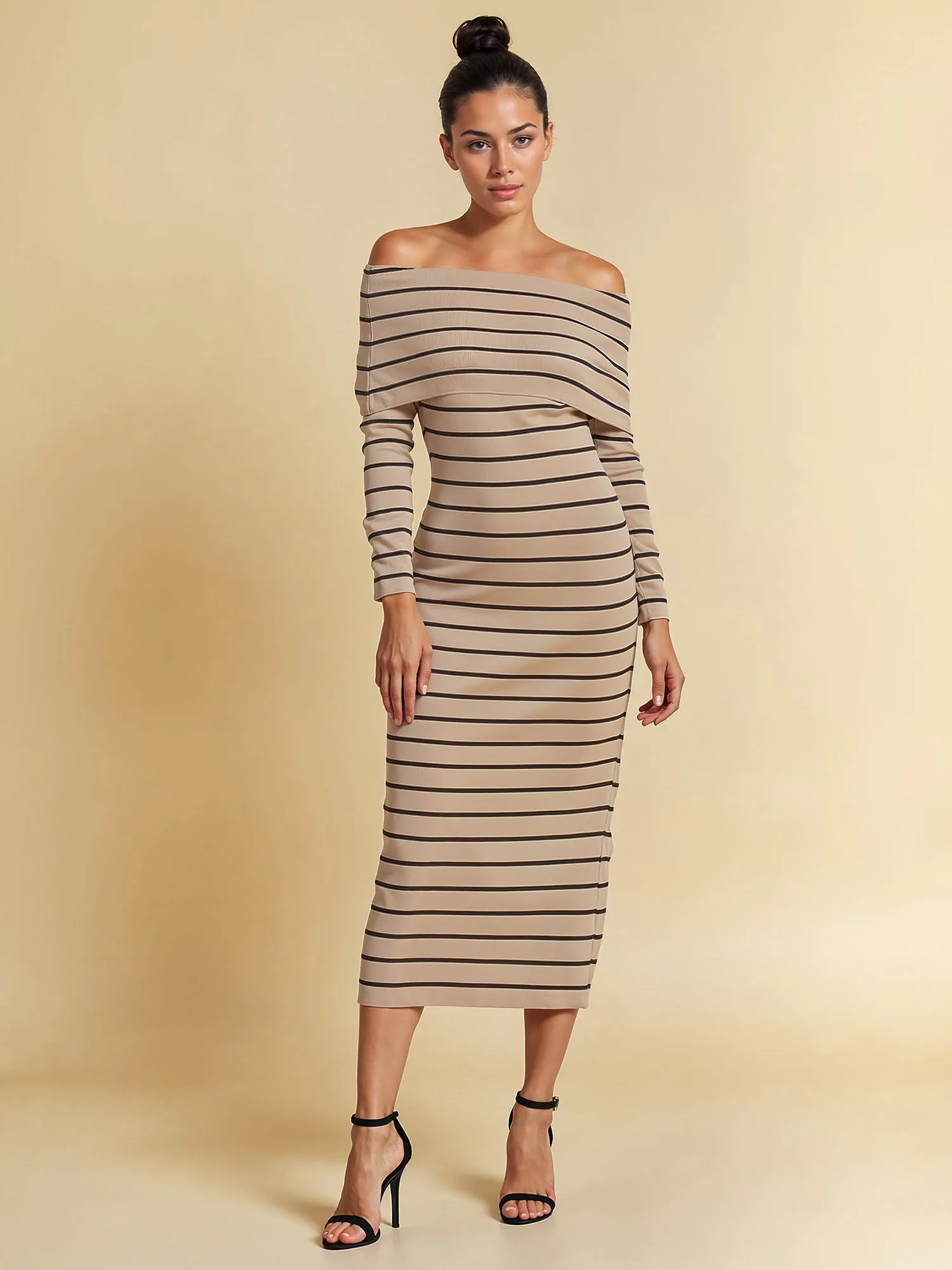 Long Sleeve Striped Rib Knit Midi Sweater Dress