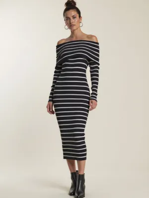 Long Sleeve Striped Rib Knit Midi Sweater Dress