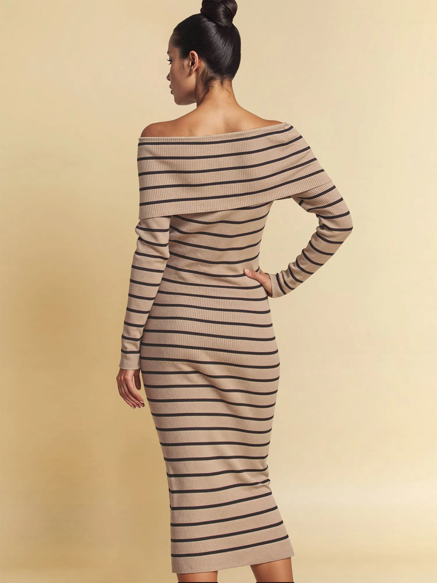 Long Sleeve Striped Rib Knit Midi Sweater Dress