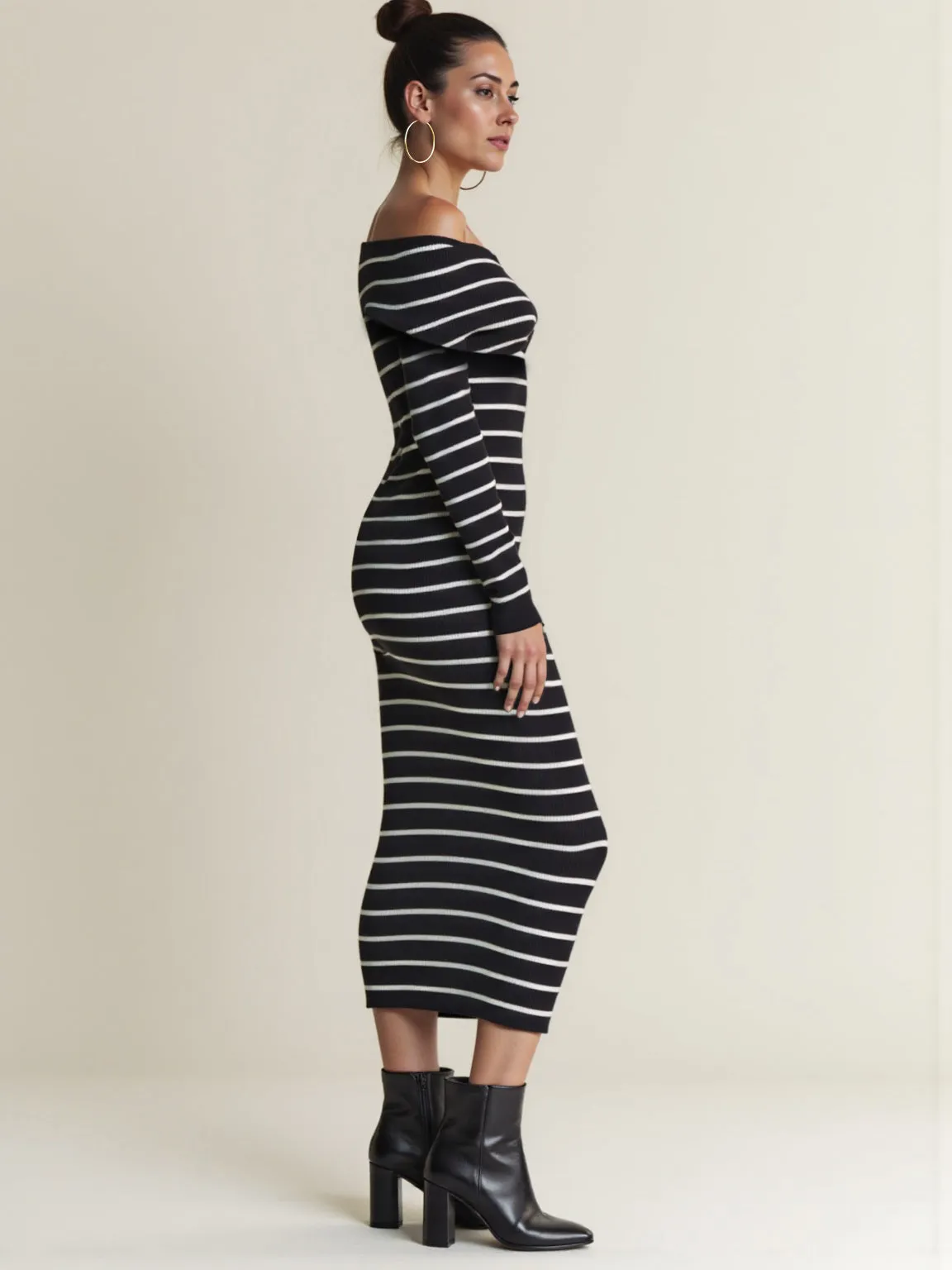 Long Sleeve Striped Rib Knit Midi Sweater Dress