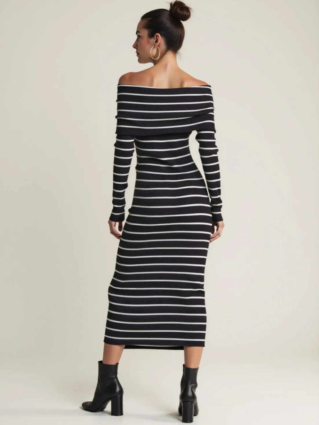 Long Sleeve Striped Rib Knit Midi Sweater Dress