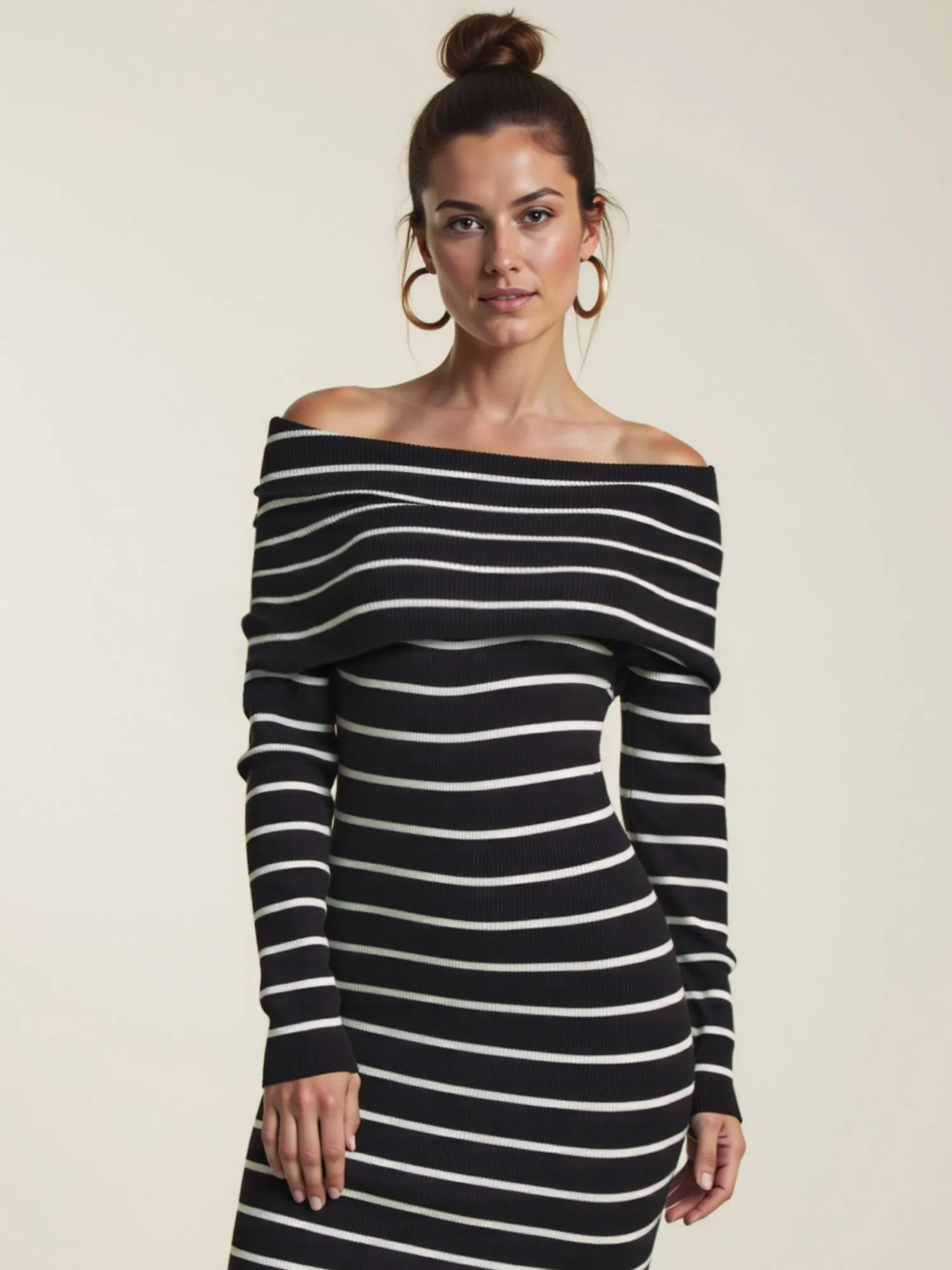 Long Sleeve Striped Rib Knit Midi Sweater Dress