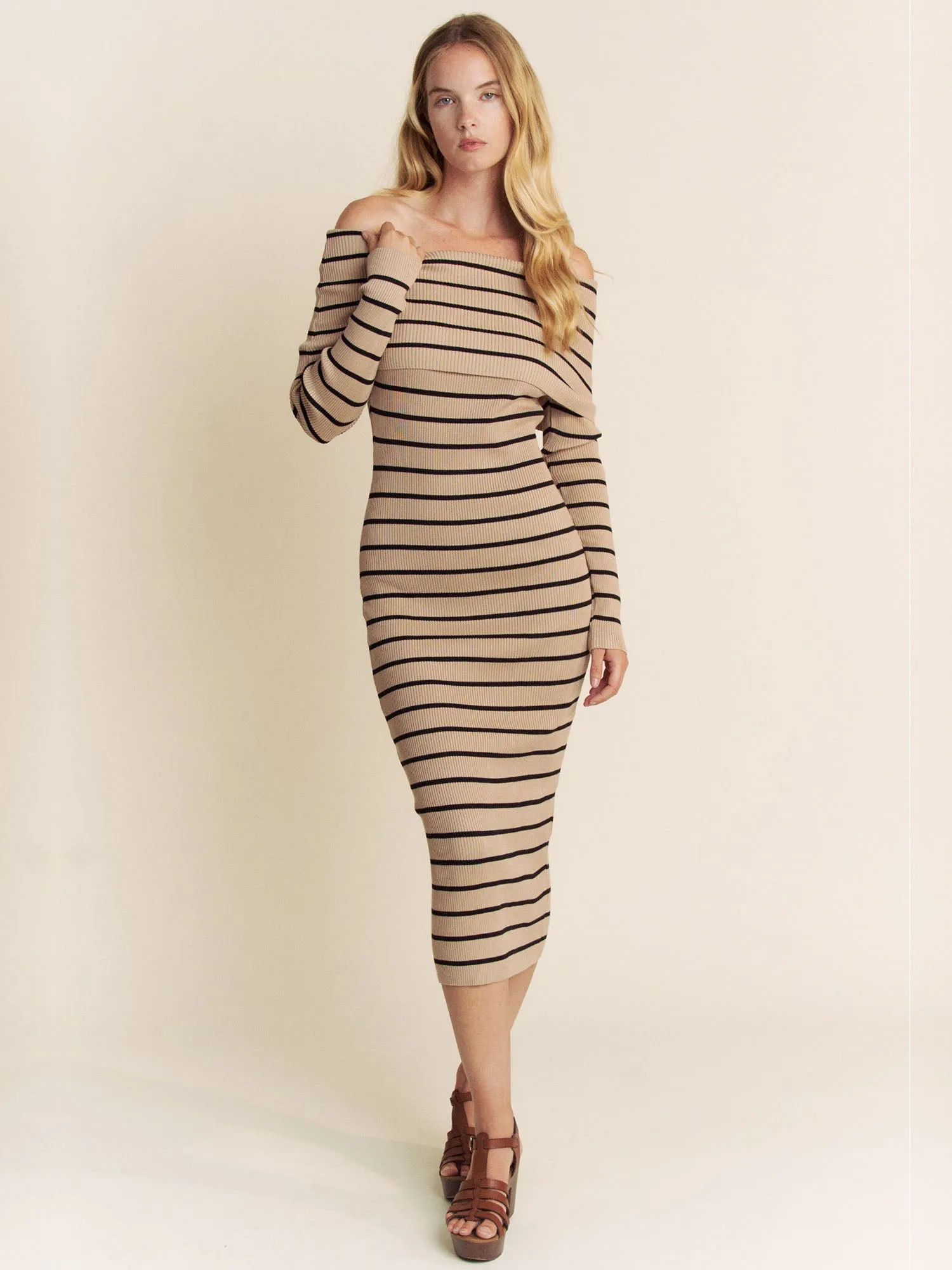 Long Sleeve Striped Rib Knit Midi Sweater Dress