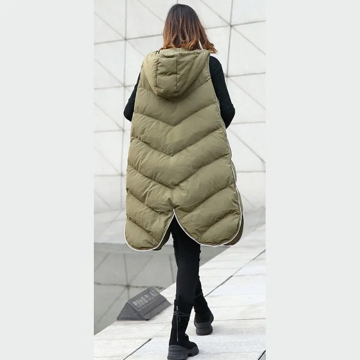 Luxury army green Parka casual hooded down over coat women Sleeveless trench coat