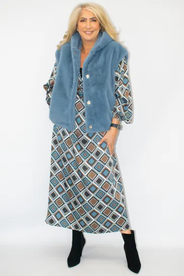 Malissa J Blue Multi Woven Dress with Grandad Collar & Curved Hemline