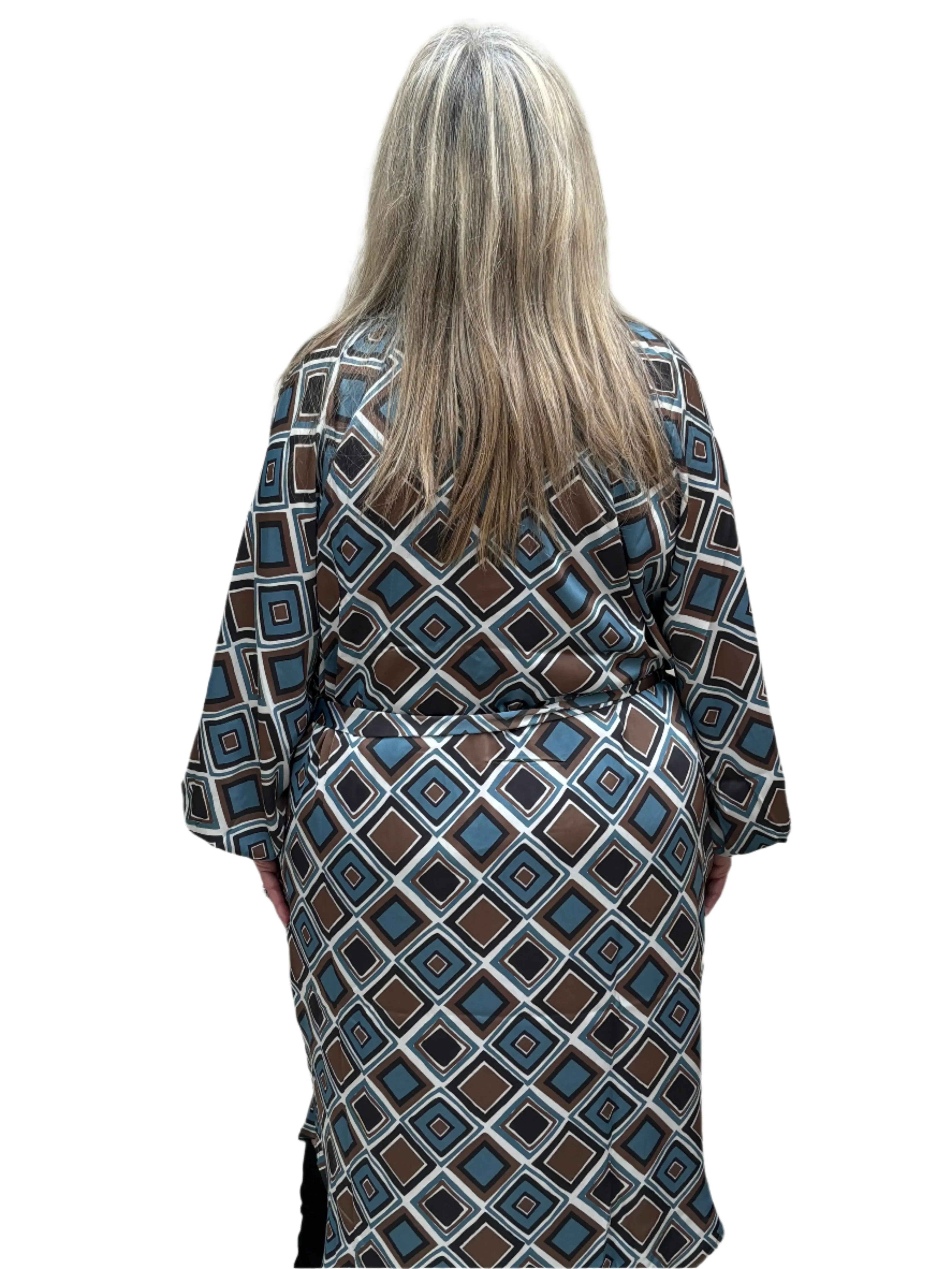 Malissa J Blue Multi Woven Dress with Grandad Collar & Curved Hemline