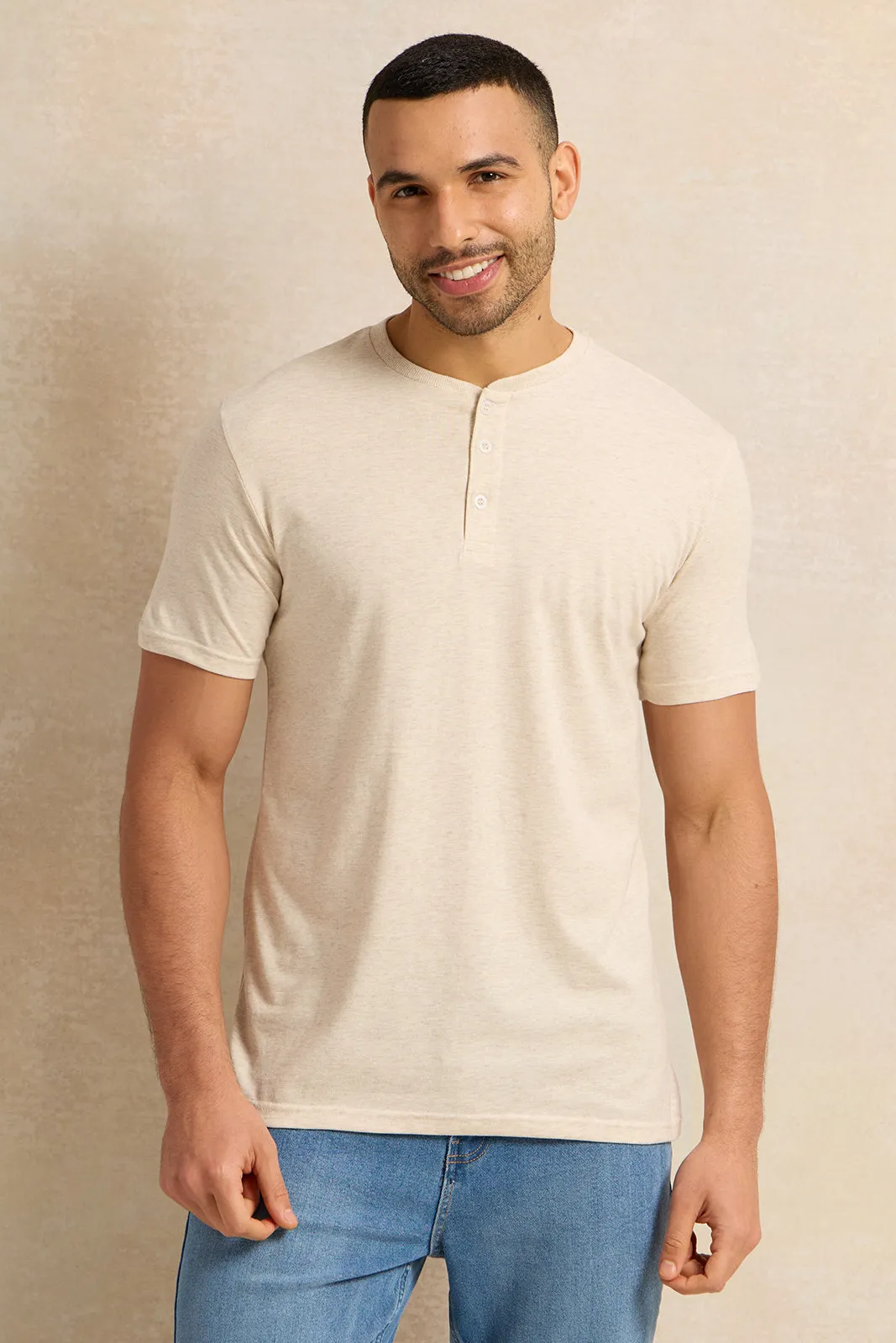 Men Beige Henley T-Shirt