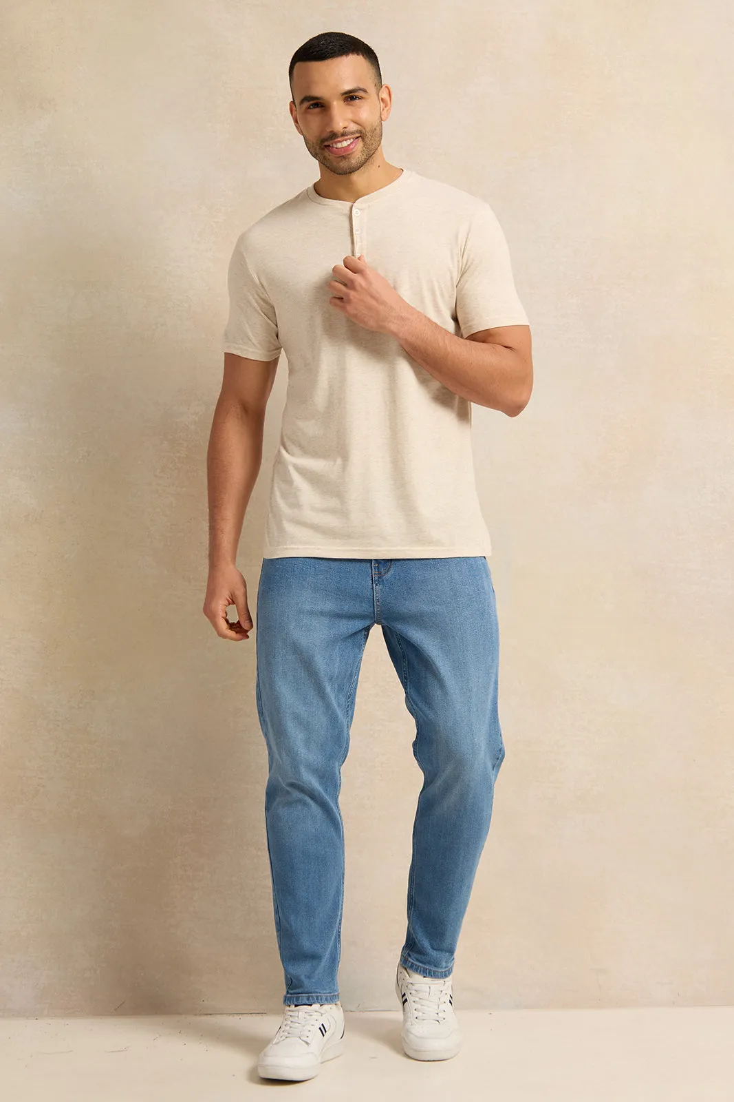 Men Beige Henley T-Shirt