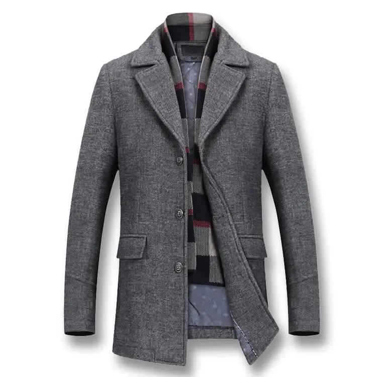 Men's Luxurious Wool Blend Winter Overcoat with Removable Scarf