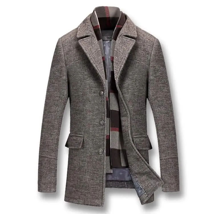 Men's Luxurious Wool Blend Winter Overcoat with Removable Scarf