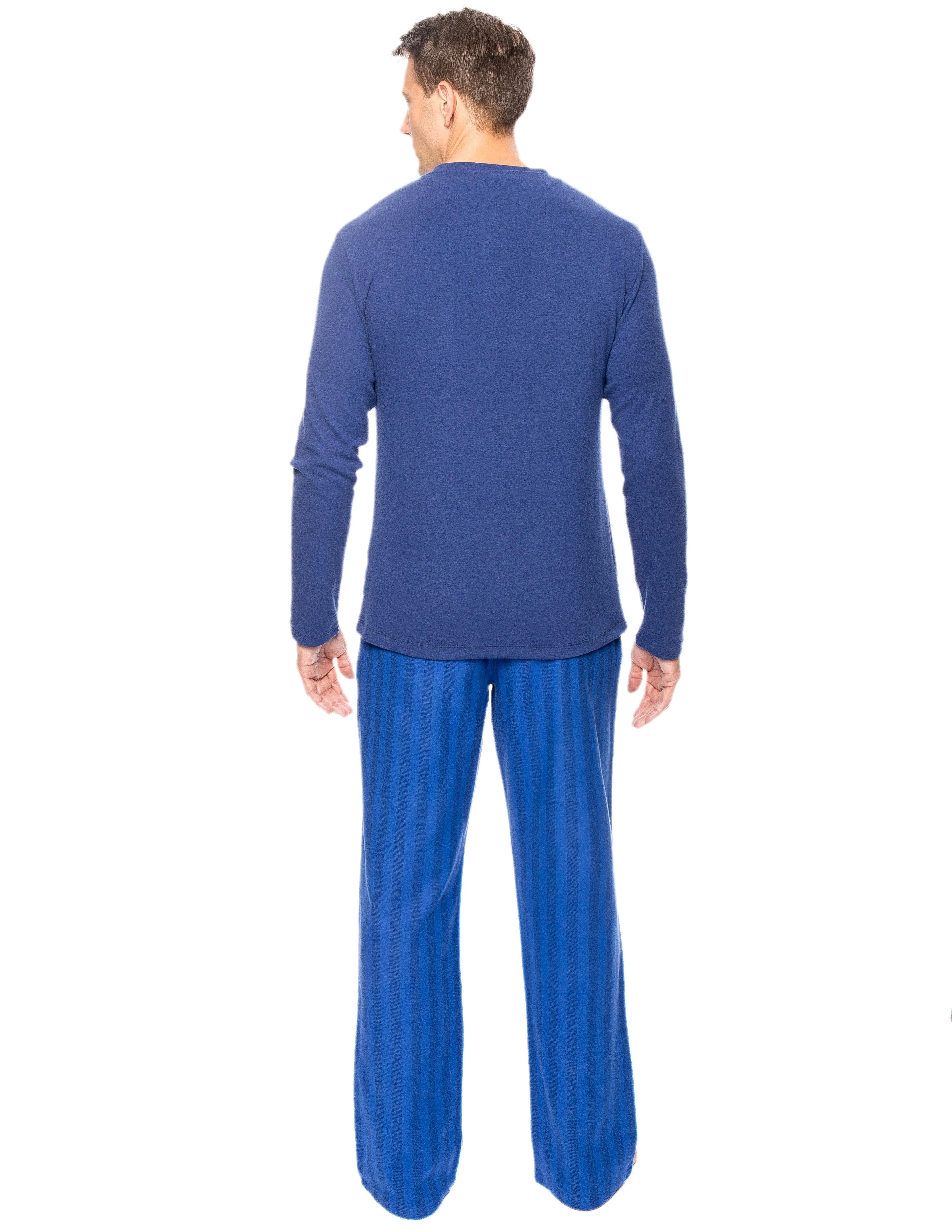 Mens Premium 100% Cotton Flannel Lounge Set - Stripes Tonal Blue