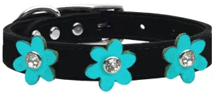 Metallic Flower Leather Collar Black With Metallic Turquoise Flowers Size 24