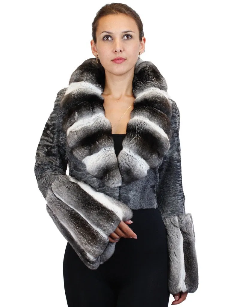 NATURAL GRAY RUSSIAN BROADTAIL & CHINCHILLA FUR SHORT BOLERO JACKET W/ BELL SLEEVES