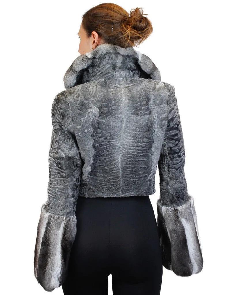 NATURAL GRAY RUSSIAN BROADTAIL & CHINCHILLA FUR SHORT BOLERO JACKET W/ BELL SLEEVES