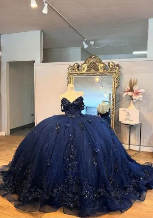 Navy Blue Mexican Quinceanera Dress Floral Applique Beaded Crystal Corset Sweet 16 Dress       fg6806