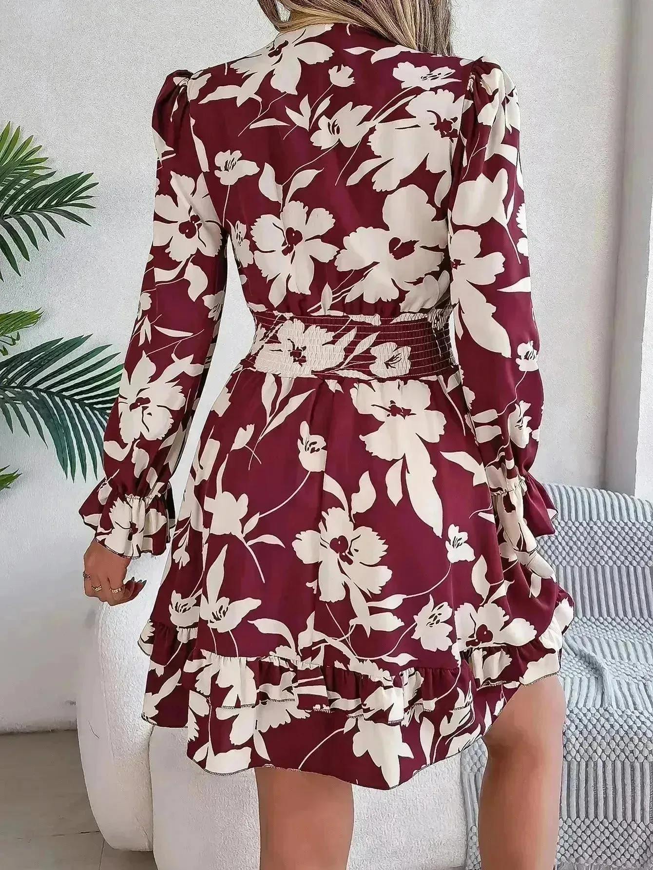 New Floral Printed V-Neck Long Sleeve Dress Fashion Ruffles Bowknot A-Line Short Mini  Skater Dress Women's Clothing