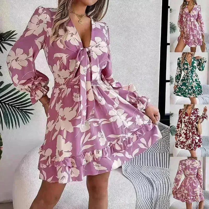 New Floral Printed V-Neck Long Sleeve Dress Fashion Ruffles Bowknot A-Line Short Mini  Skater Dress Women's Clothing