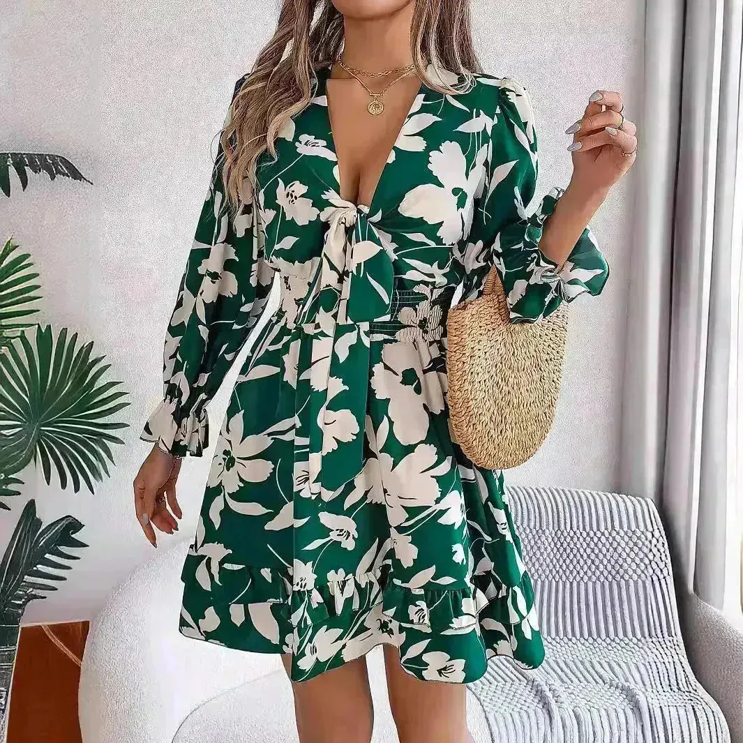 New Floral Printed V-Neck Long Sleeve Dress Fashion Ruffles Bowknot A-Line Short Mini  Skater Dress Women's Clothing