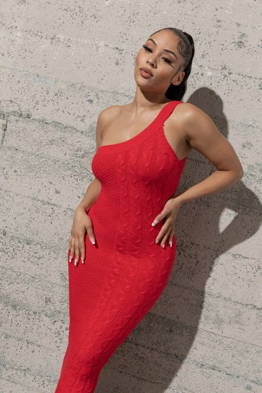 ONE SHOULDER MIDI BODYCON SWEATER DRESS