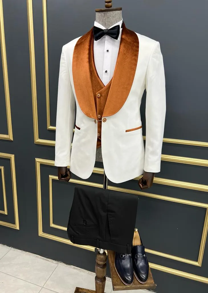 Orange and White Slim Fit Shawl Lapel Tuxedo for Men by GentWith.com