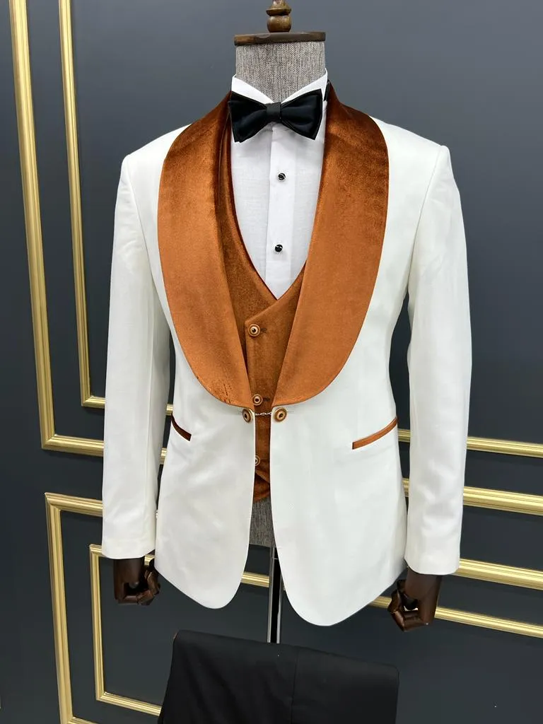 Orange and White Slim Fit Shawl Lapel Tuxedo for Men by GentWith.com