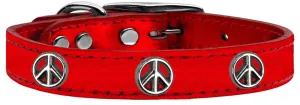 Peace Sign Widget Genuine Metallic Leather Dog Collar Red 16