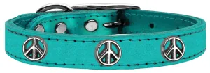 Peace Sign Widget Genuine Metallic Leather Dog Collar Turquoise 22