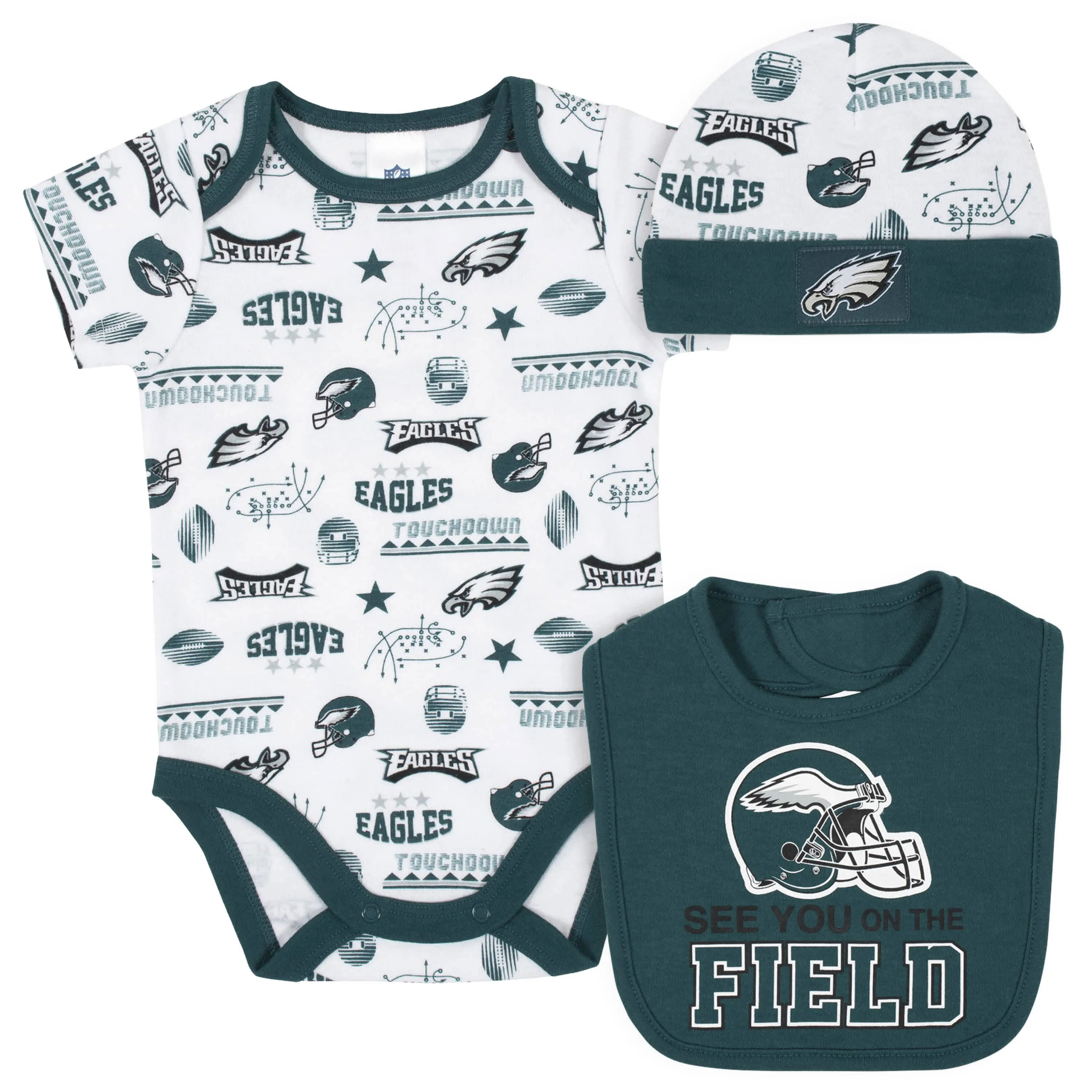 Philadelphia Eagles 3-Piece Baby Boys Bodysuit, Bib, and Cap Set