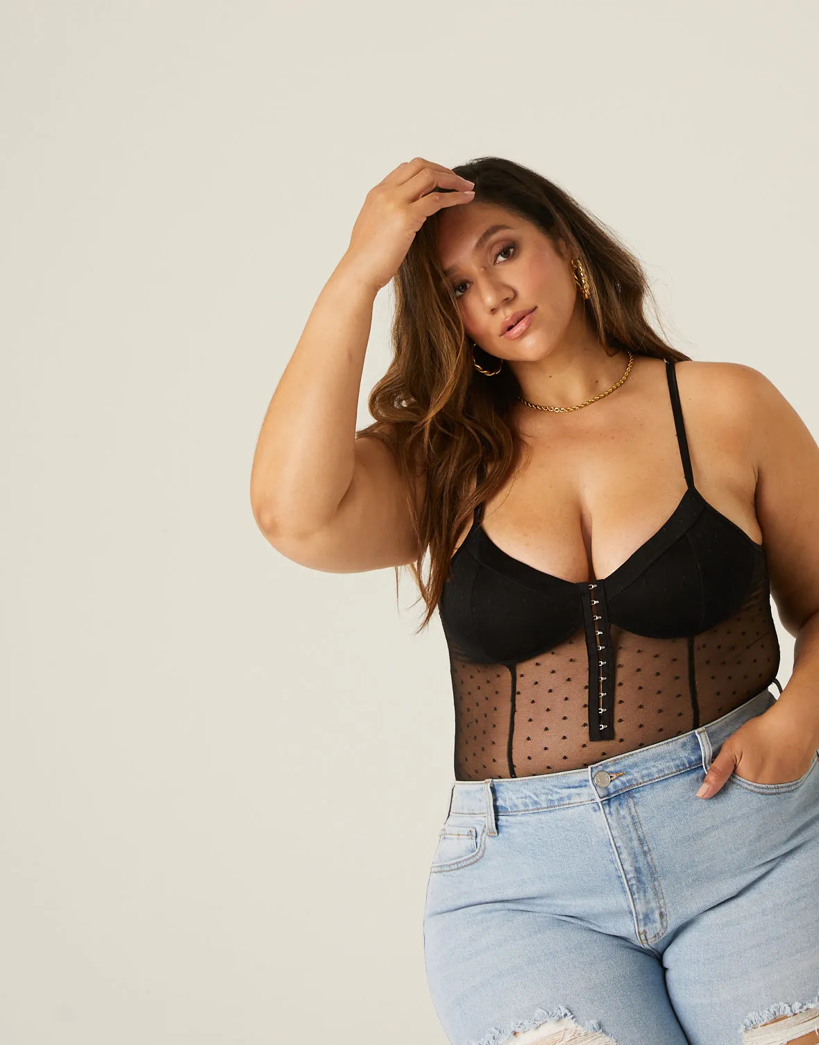 Plus Size Mesh Hook and Eye Bodysuit