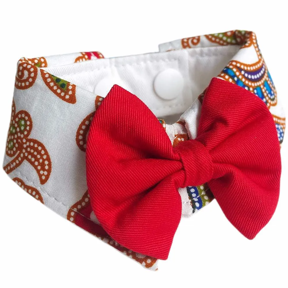 RuffCo Handcrafted Bowtie Button Collar For Cats & Dogs (White Batik)