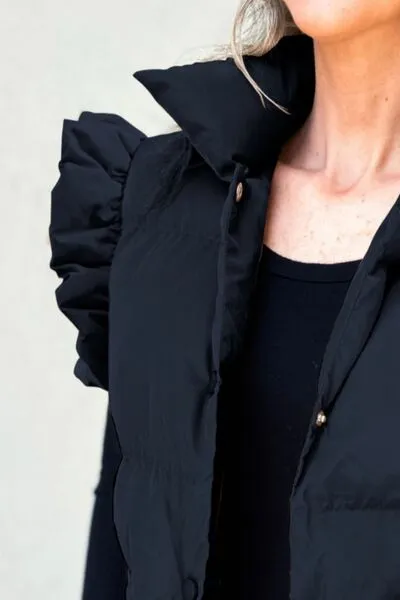 Ruffled Snap Down Mock Neck Vest Coat