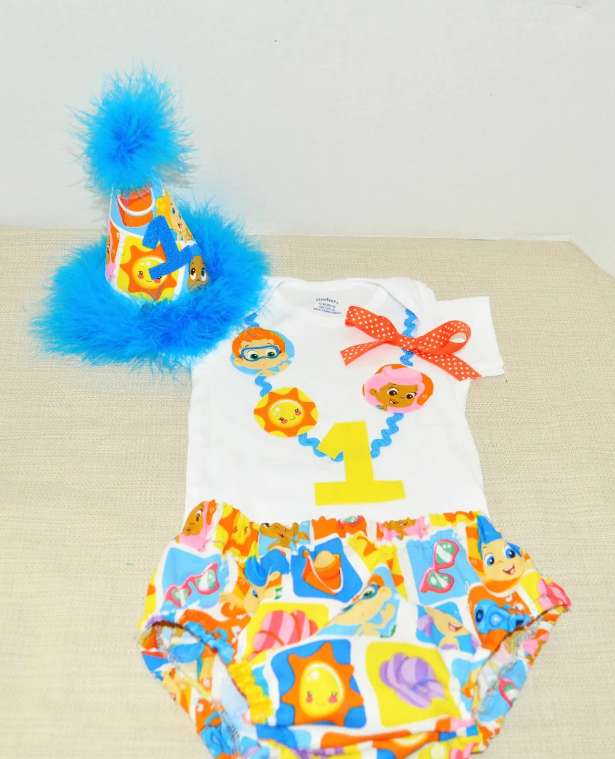 Rylo Bubble Guppies cake smash outfit with party hat, Bubble Guppies cake smash girls birthday,1st 2nd 3rd, Gil Molly Deema NONNY Oona Goby