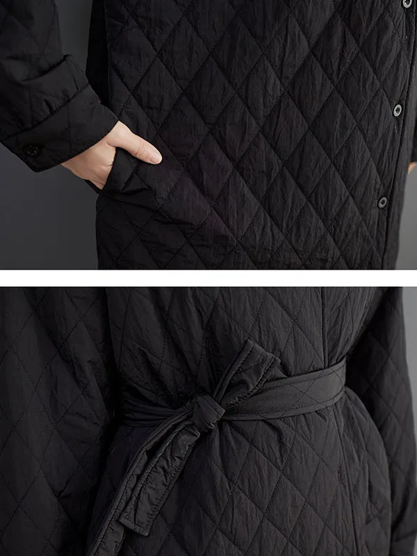 Simple Loose Rhombic Belted Solid Color Lapel Padded Coat